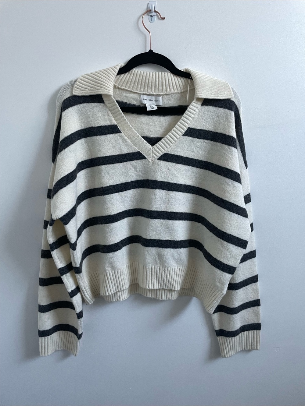 Striped V-Neck Collared Sweater